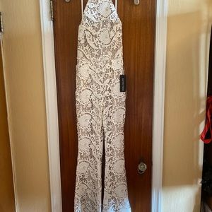 White lace jumpsuit with tan lining. Great for bachelorettes and brides!